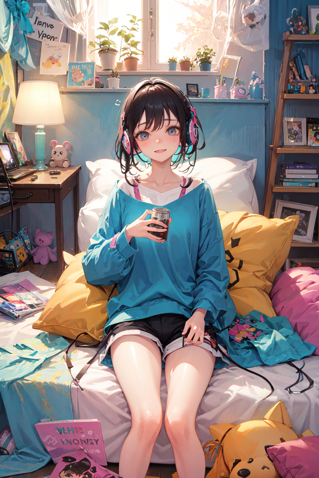 masterpiece, best quality, ultra-detailed, illustration, 2girls, sitting, playful, gaming, messy room, teenage, 15 years o...
